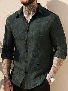 Manfinity Homme 男士纯色刺绣线条图案休闲长袖衬衫 - 墨綠色 - 查看 5