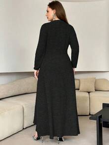 Modelyn 灰色长袖修身连衣裙，圆领，搭配同色系裹身裙，抽绳腰带，时尚优雅大码两件套 - 黑色 - 查看 2