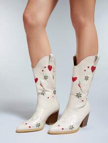 Solezae Women's Glamorous Point Toe Block Heel Embroidery Mid-Calf Cowgirl Boots For Christmas - White - View 2