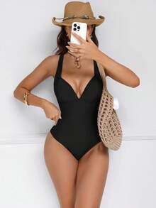 Shapewave Women's Brown Patchwork Push-Up Tummy Control One-Piece Swimsuit With Criss-Cross Back, Drawstring, Elegant & Sexy For Party, Pool