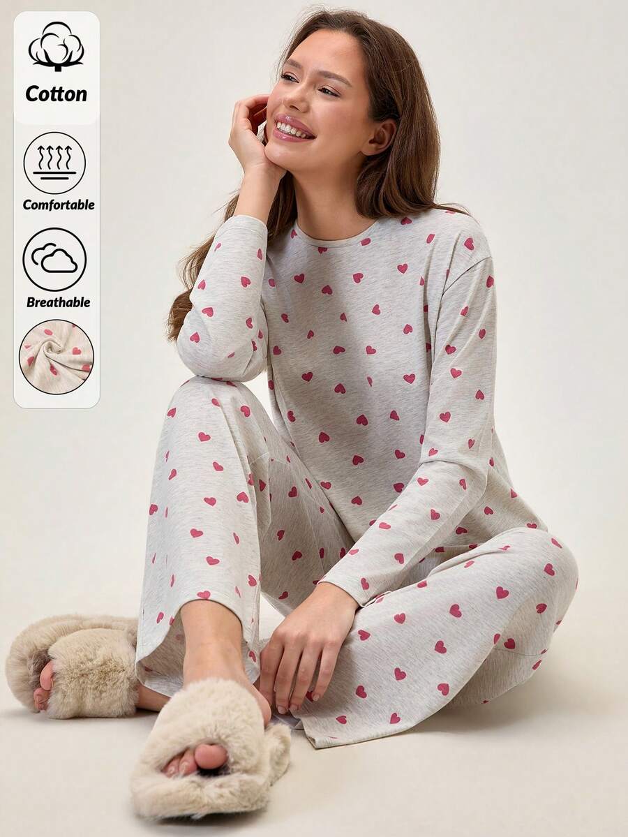 Loomlin Cotton Women 2 Pcs Heart Pattern Round Neck Long Sleeve Top&Sleep Pants Homewear Comfort Lounge Pajama Set For Ladies Heart Print Pajamas Soft Pajamas Set Sleep Wear Women Set Pajama Sets For Women Cute Lounge Wear - Multicolor - View 1