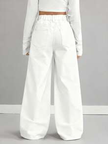 SHEIN بنطلون جينز واسع الساق بتصميم مرن وفضفاض بلون أحادي للفتيات المراهقات - أبيض - مشاهدة 2