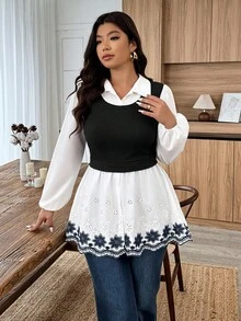 EMERY ROSE Women's Autumn/Winter 2 In 1 Embroidered Floral A-Line Button Up Top, Suitable For Casual Daily Wear Women Blouses Elegant Tunic Blouse - Multicolor - View 5