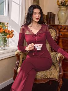 Côtesoire Lace Patchwork V-Neck Bow Tie Decor Long Sleeve Pajama Set - Burgundy - View 1