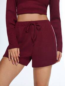 Eassivo Eassivo 女士撞色侧缝抽绳腰宽松休闲短裤 - 酒紅色 - 查看 3