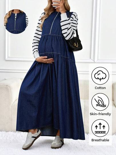 SHEIN Maternity Solid Color Round Neck Sleeveless Pleated Long Denim Dress, Fashion & Versatile Winter Christmas New Year Thanksgiving Commuting Vacation Graduation Chic Y2k Cute Streetwear Coquette Airport Outfit Party Wedding Elegant Business Casual Woman Women Dark Blue Sleeveless Denim Dress With Round Neck Zipper Front Tiered A Line Maxi Jean Dress Christmas Party Dress Comfort Loose Fit
