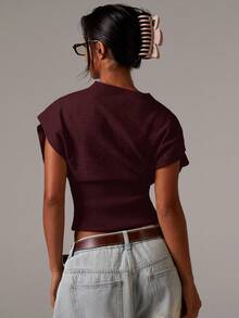 Athîral Áo len chui đầu tay cánh dơi cài nút phía trước màu trơn tối giản dành cho nữ - Màu Đỏ Sâu - Xem 2