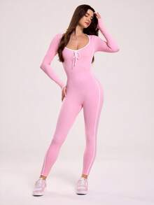 Gameset SHEIN Sport 女式休闲运动撞色修身连体裤 - 粉色 - 查看 4