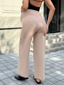 SHEIN 孕妇纯色高弹力直筒宽松休闲裤，托腹直筒裤 - 卡其色 - 查看 2