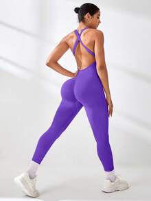 SHEIN Sports 女款紫色夏季性感健身運動連身褲，純色露背交叉綁帶無袖V領無縫瑜伽健身連身褲運動服套裝 - 紫羅蘭色 - 查看 5