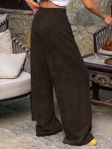 Livesso 女士休闲宽松直筒裤，棕色，格子条纹图案，商务休闲风，适合通勤，秋冬季穿着 - 棕色 - 查看 3