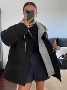 女士连帽二合一羽绒服，秋冬款 - 深灰色 - 查看 5