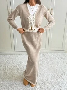 SHEIN Tall 2件套多色蝴蝶结休闲基本款针织套装，秋冬 - 卡其色 - 查看 7