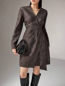 Heiryn 女士扎染重叠V领长袖褶皱迷你连衣裙 - 棕色 - 查看 4