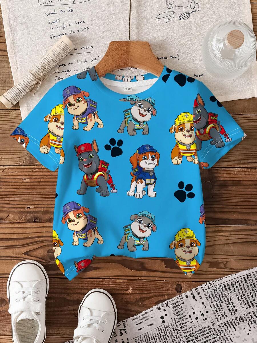 Rubble X SHEIN 男童休闲卡通狗印花圆领短袖T恤，夏季 - 白色 - 查看 1