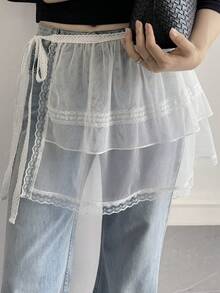DAZY Women's Lace Patchwork Tie-Up Mesh Cake Skirt, Casual Mini Skirt - White - View 4