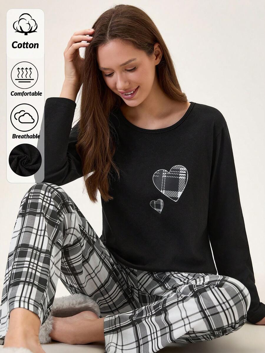 Loomlin Bộ đồ ngủ dài tay in họa tiết kẻ caro cotton 2 chiếc và quần dài họa tiết kẻ caro - màu đen - Xem 1