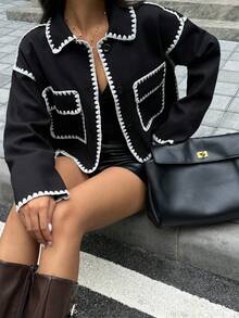 SHEIN Unity Women's Full And Winter Black Jacket, Contrasting White Edges, Elegant And Simple Autumn Match, Back To School, Teacher Uniform, Airport Uniform, Soft And Warm, Simple Daily Wear - Black and White - View 5