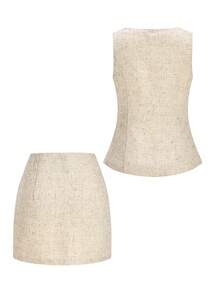 SHEIN Clasi Women's Tweed Metal Single-Breasted Vest And Bodycon Mini Skirt Elegant Set,Teacher Outfit Women - Apricot - View 10