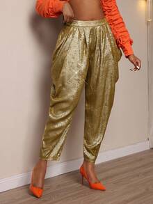 Xyvia 女士金属面料夸张宽松褶皱垂坠设计高端优雅锥形裤 - 金色 - 查看 4