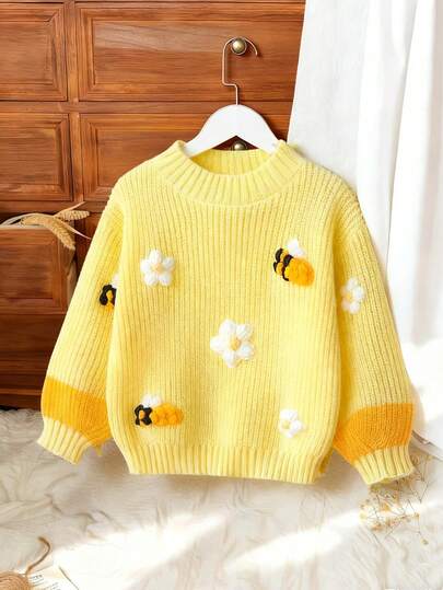 Sparklyn 1pc Girls' Sweater, Fresh & Cute Style With Yellow Bee & Floral 3D Embroidery Decor, Long Sleeve Drop Shoulder Regular Thickness Crew Neck Versatile Knit Pullover, Suitable For Autumn/Winter, Christmas, Halloween, New Year Holiday Party Cute Sweaters For Kids Kids Jumper Girl Clothes Autumn And Winter Clothes Sweater For Tweens