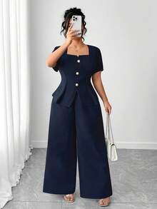 Elenzga Bộ 2 món áo thun tay ngắn vải jacquard họa tiết ôm sát thanh lịch dành cho nữ cỡ lớn kèm quần ống đứng - Màu xanh hải quân - Xem 4