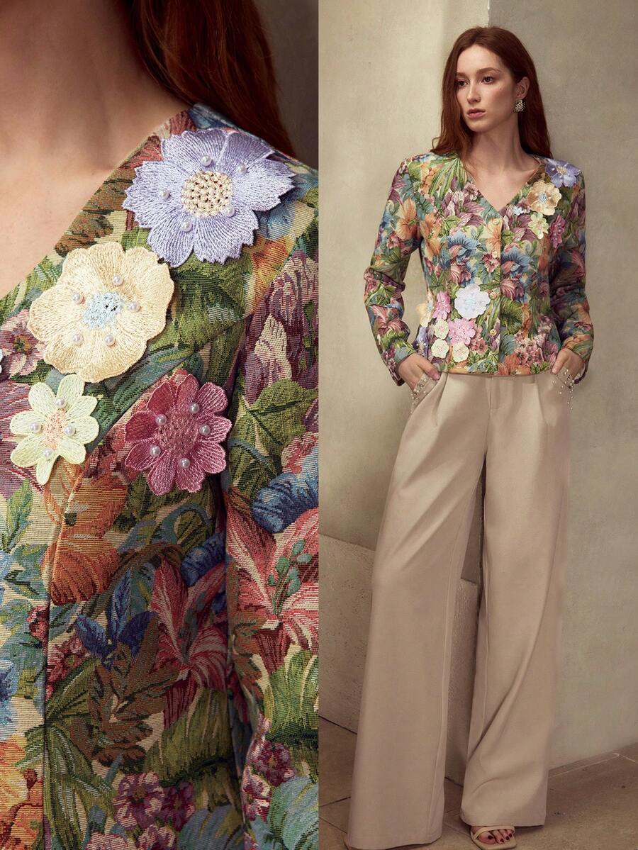 MOTF PREMIUM 花卉刺绣单排扣外套 - 彩色 - 查看 1