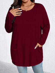 EMERY ROSE Camiseta casual de talla grande de unicolor con doble bolsillo, versátil para el otoño - Burdeos - Ver 6