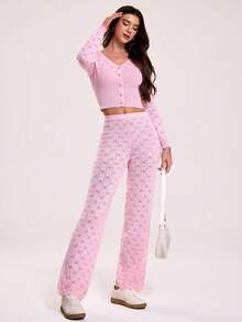 SHEIN Sovereign Charm Casual Solid Color Fitted V-Neck Cropped Long Sleeve Sweater - Pink - View 6