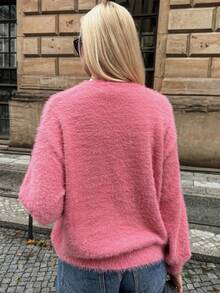 Vivie Lora Women's Loose Fit Floral Pattern Fuzzy Knit Sweater, Pink, Autumn/Winter - Pink - View 3