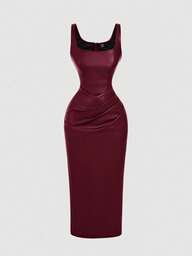 SHEIN MOD Plusstorlek PU-läder brun klänning för kvinnor, cocktailklänningar för kvinnor, födelsedagsklänningar för kvinnor, vinterklänning, höstklänning, eleganta klänningar för fest, formell klänning, elegant aftonklänning för bröllop