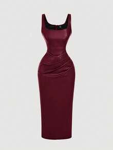 SHEIN MOD Plus Size PU Leather Women's Burgundy Brown Dress, Elegant Autumn Wedding Cocktail Birthday Winter Party Formal Evening Christmas Outfit - Burgundy - View 1