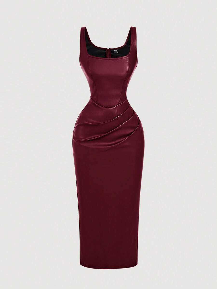 SHEIN MOD Plus Size PU Leather Women's Burgundy Brown Dress, Elegant Autumn Wedding Cocktail Birthday Winter Party Formal Evening Christmas Outfit - Burgundy - View 1