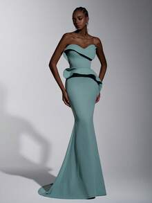 Elitara 优雅浪漫时尚的灰绿色弹力面料连衣裙，饰有3D立体装饰，露背设计，鱼尾裙摆，拖尾，长款正式派对礼服，婚礼宾客礼服，绿色连衣裙，正式晚礼服 - 綠色 - 查看 5