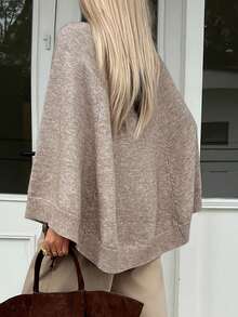 DAZY 女士宽松斗篷式圆领毛衣，休闲都市风 - 卡其色 - 查看 3