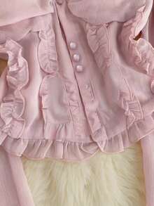 INAWLY French Retro Pink Ruffle Off Shoulder Faux Pearl Button Flare Sleeve Cropped Top - Pink - View 3