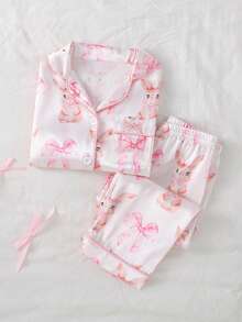 女婴粉色蝴蝶结兔子印花仿丝滚边撞色长袖开衫和裤子休闲家居服套装