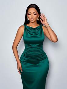 SOLERSUN Đầm dự tiệc không tay cổ xếp nếp màu trơn thanh lịch dành cho nữ, hoàn hảo cho các buổi tiệc - Màu xanh lá cây đậm - Xem 4