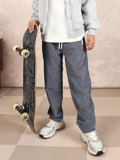  SUMWON Boys Ribbed Corduroy Pull On Elastic Waist Casual Pants Comfortable Relaxed Fit Everyday School Wear Drawstring Trousers Vacation