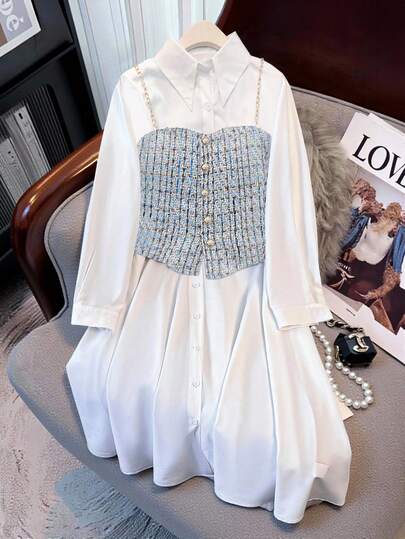 GlowEve CURVE 大码女装两件套：长袖休闲衬衫裙和粗花呢背心，商务休闲优雅正式女装，秋季