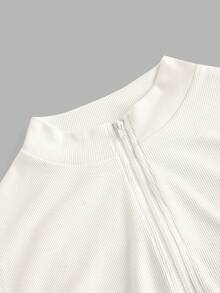 SHEIN EZwear 两件套女士拉链蝴蝶结刺绣连体衣套装，舒适休闲长袖高领连体衣，适合外出、搭配服装，简约舒适，时尚别致 - 黑與白 - 查看 3