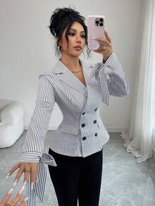 SHEIN Elenzya New Women's Shirt With Lapel Collar, Bow Decor, Long Sleeve, Woven Striped, Elegant For Daily Wear - Multicolor - View 3