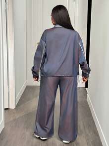 Slaydiva Conjunto de 2 piezas de top de manga larga y pantalones de talla grande con contraste de color - Azul - Ver 3