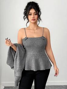 Dazy Plus 2 قطعة مجموعة كنزة صوفية وبلوزة كروب ضيقة للمرأة ذات الحجم الكبير، بلون أحادي أنيق، مناسبة للخريف والشتاء - رمادي - مشاهدة 8