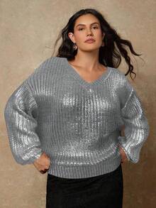 Freevana Plus Size Solid V-Neck Drop Shoulder Long Sleeve Loose Knit Pullover Sweater - Silver - View 4