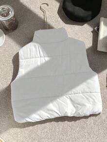 少女休闲百搭绗缝立领短款加厚背心，秋冬季 - 白色 - 查看 2