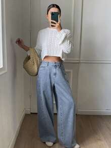 DAZY Jeans de pierna recta con botón suelto y dobladillo de unicolor - Lavado ligero - Ver 3