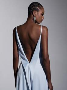 Elitara 优雅简约的灰蓝色奢华缎面礼服，手工蝴蝶结装饰，吊带深V领性感露背鱼尾裙摆，带拖尾，适合婚礼、正式场合、伴娘礼服 - 藍色 - 查看 3