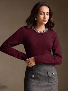 Anewsta Elegant Wool Blend Solid Color Fuzzy Knit Sweater With Crystal Diamond Collar, Autumn/Winter - Burgundy - View 5