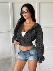 Rina Fox Y2K Street Sexy Long Sleeve Leopard Grey Casual Crop Sweatshirt Zip-Up Sweatshirt With Pocket - Dark Grey - View 3